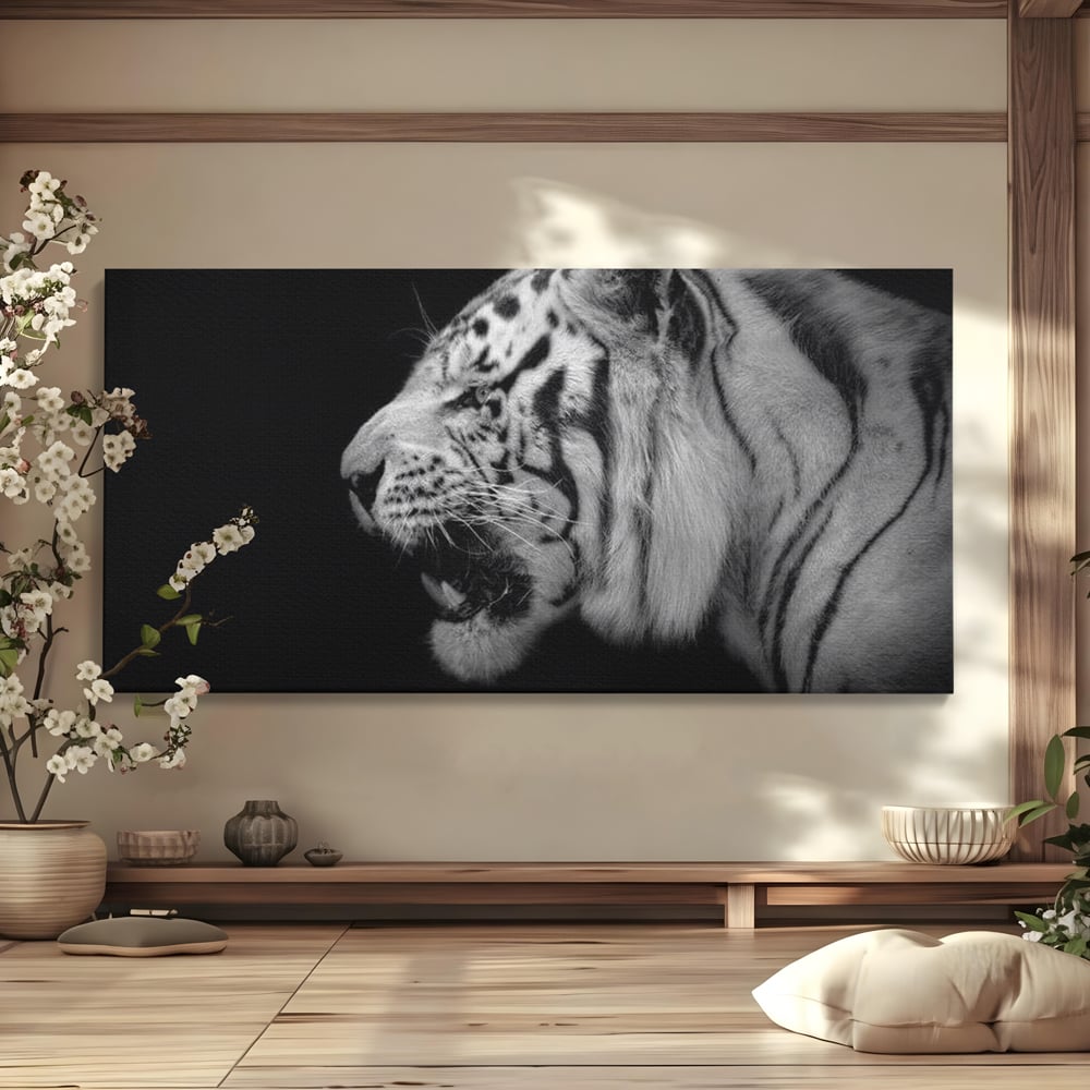 Tablou canvas cu tablou canvas cu tigru alb-negru, fara rama, pe sasiu de lemn